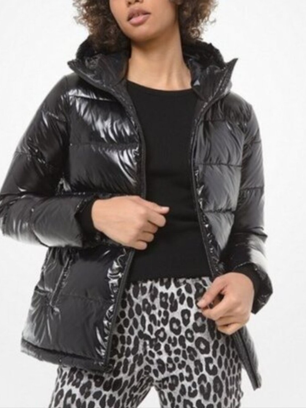Michael Kors Shiny Black Quilted Down Puffer Jacket with Attached Hood Size XS